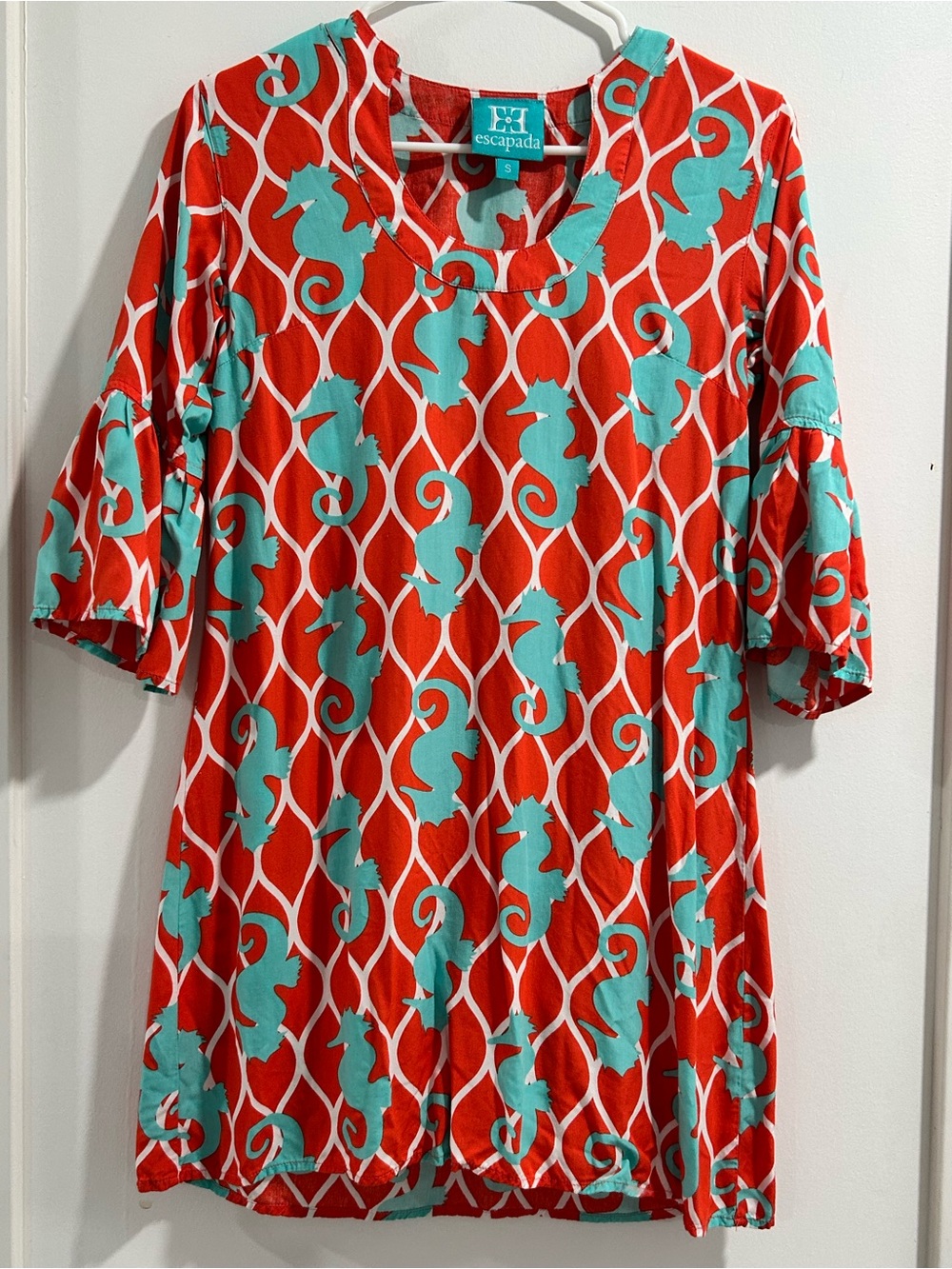 escapada Red Dress with Teal Pattern